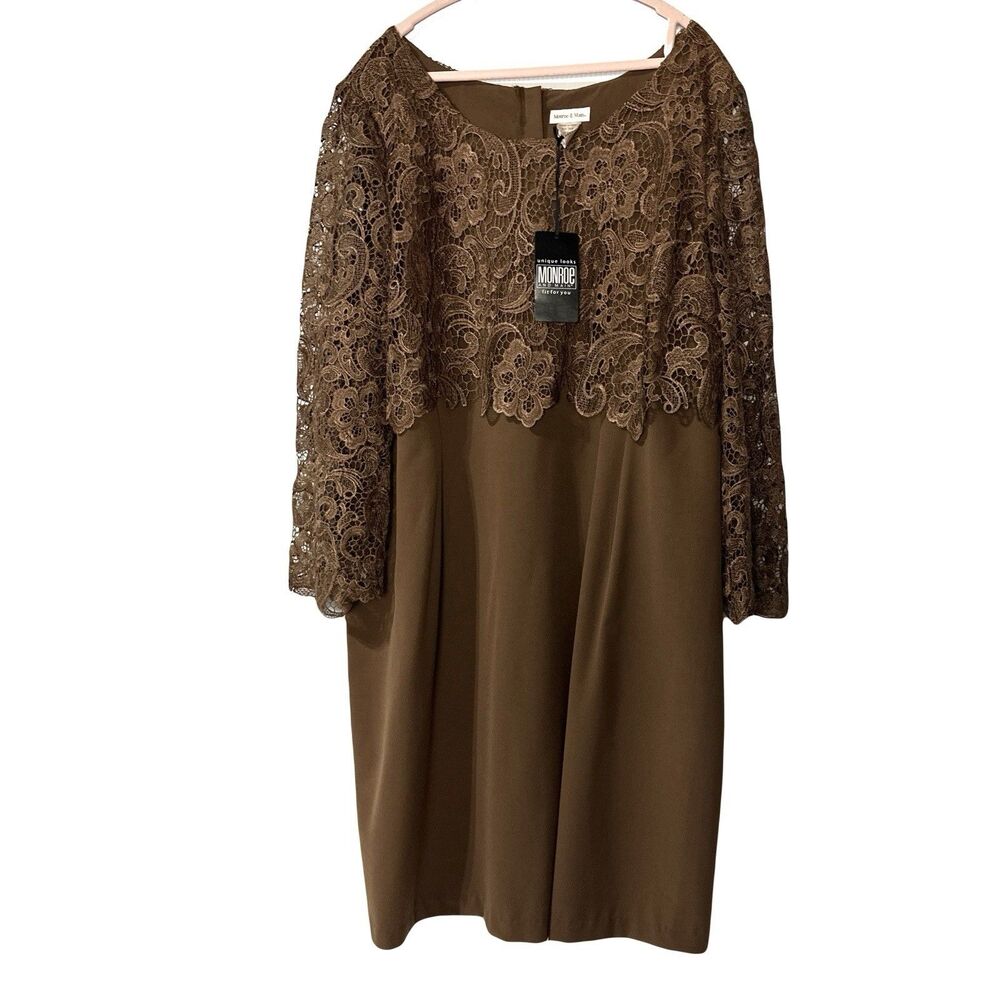 Monroe & Main Brown Lace Overlay Dress Size 24W 3/4 Sleeve NWT